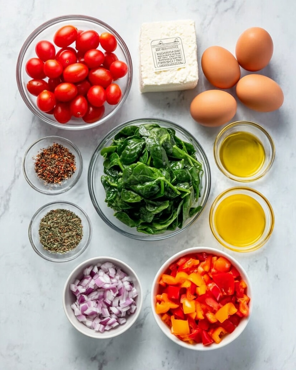 The image shows eight ingredients arranged neatly on a white marbled texture surface. Starting from the top left, there is a clear glass bowl filled with bright red cherry tomatoes. To the top right, four whole brown eggs lie directly on the surface. Below the tomatoes is a block of white feta cheese with a label on it. Centered below the eggs is a clear glass bowl with fresh, vibrant green spinach leaves. To the right of the spinach is a small clear glass bowl filled with golden yellow oil. Below the spinach is another small clear glass bowl containing finely chopped purple onions. To the bottom left is a white bowl filled with mixed spices, including green, black, and a bit of red chili flakes. Finally, to the bottom right is a white bowl brimming with diced orange bell peppers. The composition is bright with clean colors and textures. Photo taken with an iphone --ar 4:5 --v 7