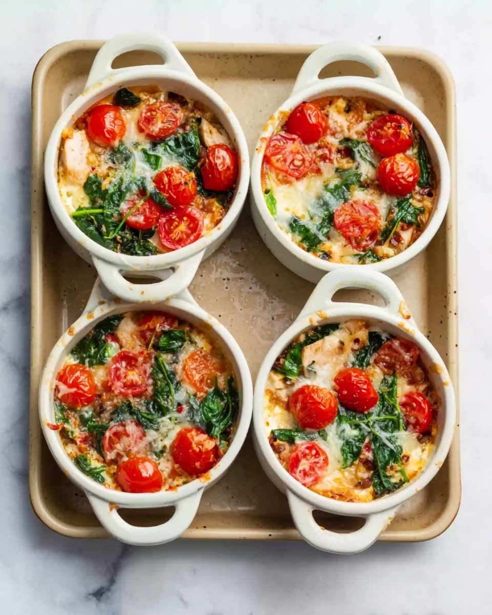 Four small white ceramic bowls, each filled with a layered dish, sit in a beige baking tray on a white marbled surface. Each bowl contains a base layer of cooked grains or rice mixed with leafy spinach, topped with halved bright red cherry tomatoes and pieces of light brown cooked chicken. The top layer has melted cheese with a slightly golden color, and the texture looks soft and creamy. The bowls have handles, and the overall presentation looks fresh and colorful. Photo taken with an iphone --ar 4:5 --v 7