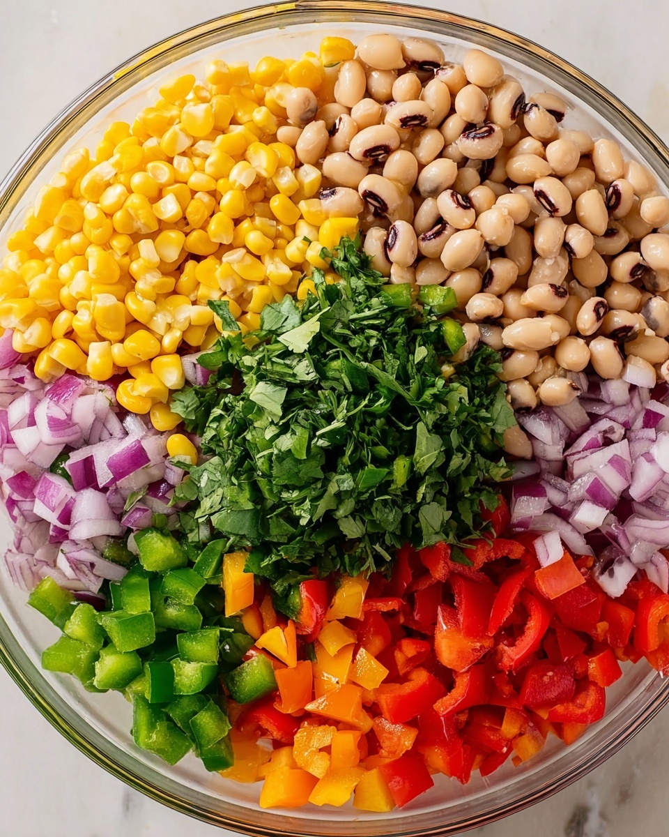 A clear round bowl sits on a white marbled surface, filled with several colorful layers of fresh ingredients. At the center is a pile of chopped green herbs with leafy texture. Surrounding the herbs, layers of bright yellow corn kernels, pale beige black-eyed peas, finely diced purple onions, finely chopped green jalapeño, and red bell pepper pieces form separate colorful sections. Each layer has a fresh and vibrant texture, evenly spread and distinctly placed next to one another. The overall visual is neat and bright, showing a fresh mix of raw vegetables and beans photo taken with an iphone --ar 4:5 --v 7