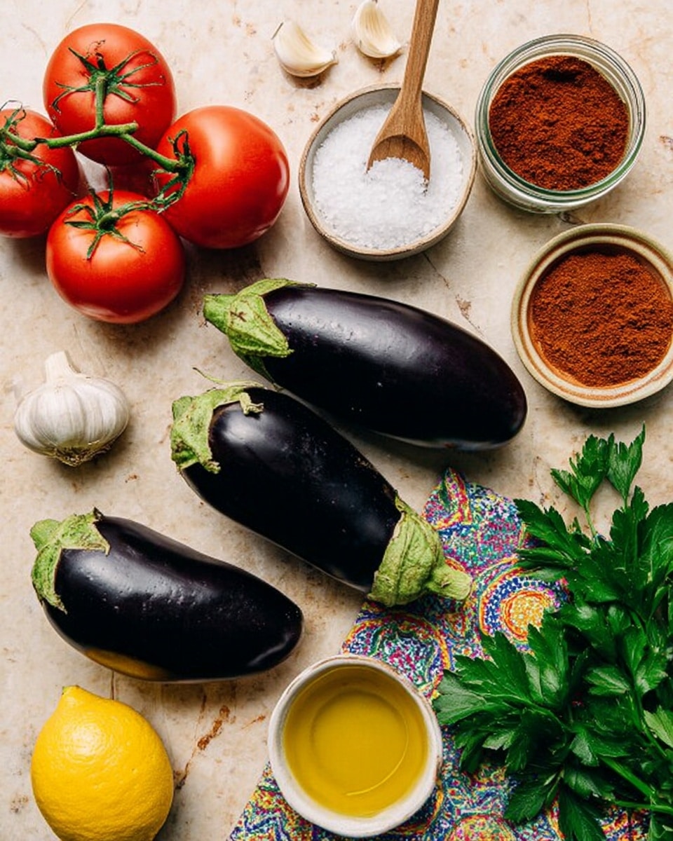 The image shows three dark purple eggplants placed on a white marbled surface, spaced evenly with their green tops facing different directions. Above the eggplants, there is a small round white bowl filled with coarse white salt and a glass jar next to it containing a reddish-brown powder with another jar holding a brown powder with a small wooden spoon inside. To the top left, there are three bright red tomatoes attached to their green vine and a few garlic cloves scattered nearby. A yellow lemon lies next to the garlic and below it, a white bowl filled with golden-yellow olive oil sits on a colorful piece of terrazzo fabric. Fresh green parsley leaves are placed in the top right and bottom left corners of the image. The photo taken with an iphone --ar 4:5 --v 7