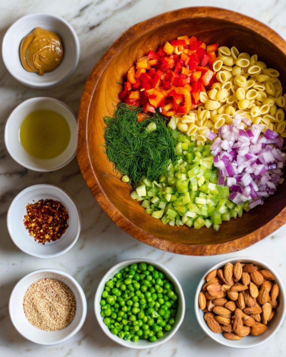 A large wooden bowl contains colorful chopped ingredients arranged in separate sections: bright red diced bell peppers at the top left, finely chopped green pickles near the top right, small pale yellow pasta pieces below the pickles, chopped light green celery to the right of the pasta, finely chopped purple onions to the left of the pasta, a small pile of fresh green dill in the center, and bright green peas in the bottom left. Next to the bowl on a white marbled surface, there are five small white bowls with various items: smooth brown mustard in the top left, a pile of light brown garlic powder and white seasoning in the middle left, golden olive oil in a glass container below, reddish crushed chili flakes in the bottom left, and whole almonds in the top right. A woman's hand is not visible here. Photo taken with an iphone --ar 4:5 --v 7
