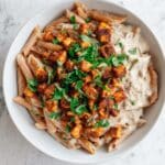 High-Protein Creamy Mushroom Pasta with Crispy Baked Tofu Sausage Recipe