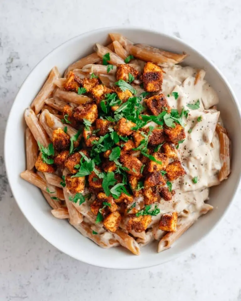 High-Protein Creamy Mushroom Pasta with Crispy Baked Tofu Sausage Recipe