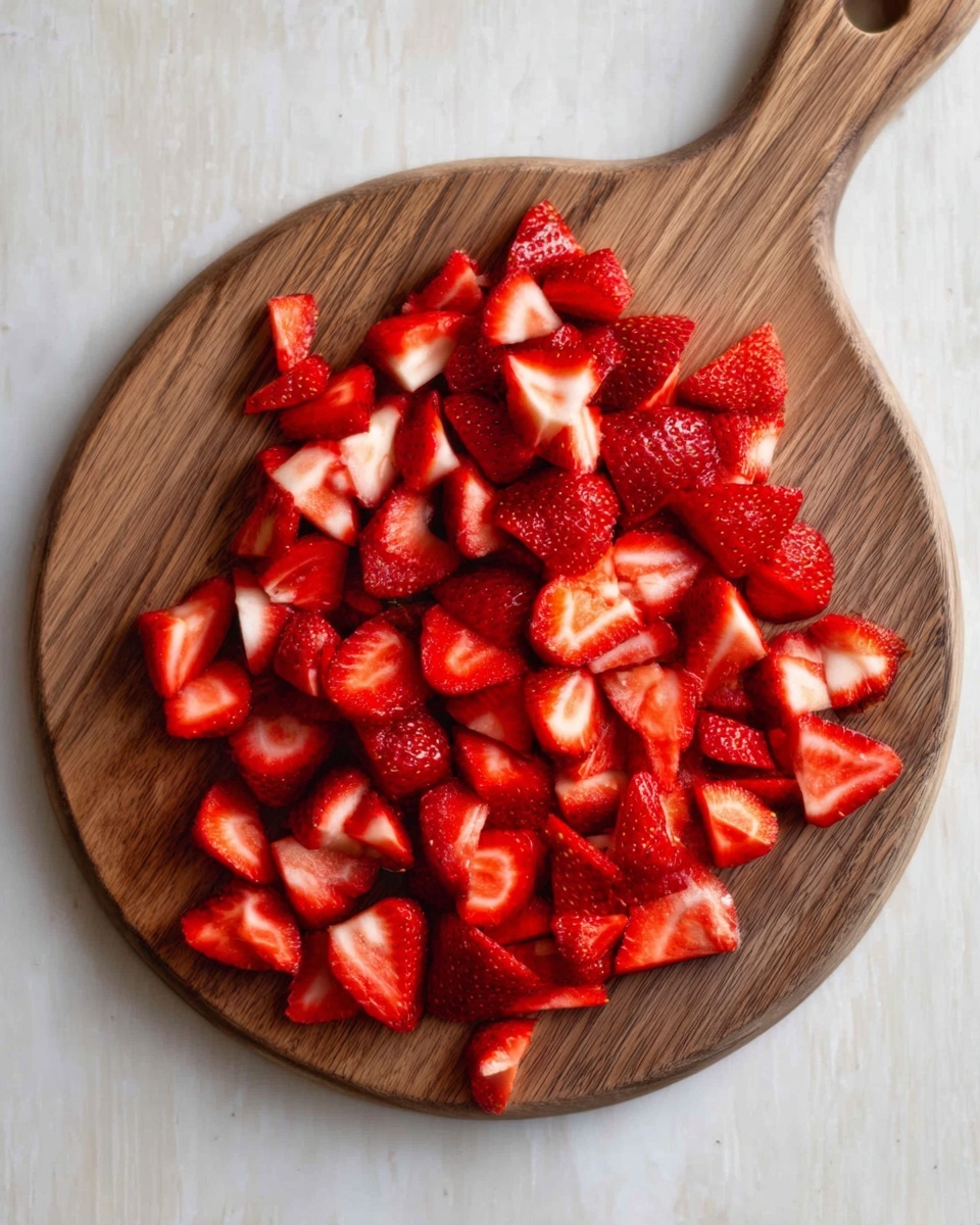 There is a wooden round cutting board with a handle on a white marbled surface. On the board, there are many pieces of bright red strawberries, cut into small slices of different shapes and sizes, evenly spread out across the board. The strawberries have a fresh, juicy look with their shiny texture. Photo taken with an iphone --ar 4:5 --v 7