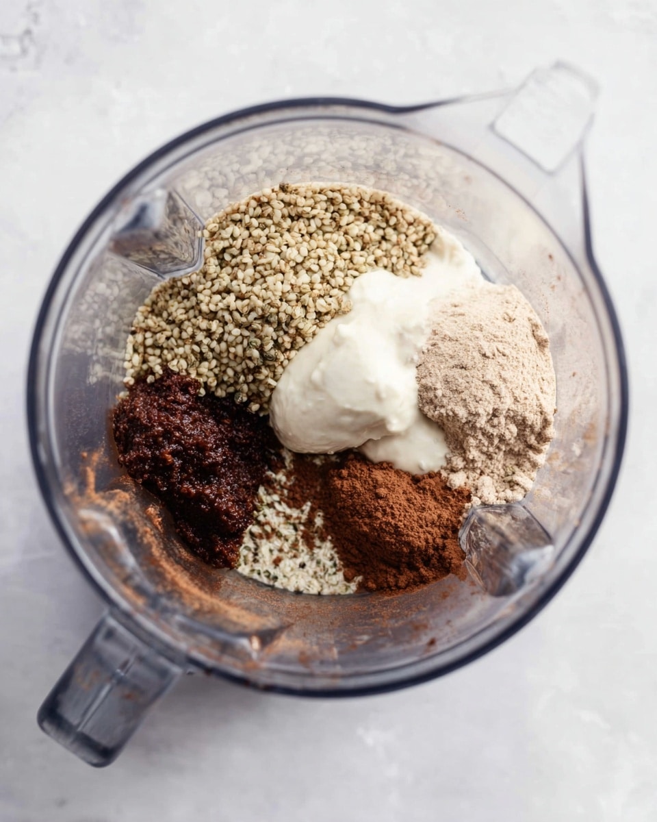 The image shows a clear blender container with several ingredients inside, each occupying a distinct area. On the top left, there are light tan small seeds with a rough texture. To the right, there is a white creamy layer that looks smooth, next to which on the far right side is a small pile of light brown powder. At the bottom left, there is a dark sticky substance that contrasts with the other colors. The background is a white marbled surface. A woman's hand is partly visible, holding the blender container. Photo taken with an iphone --ar 4:5 --v 7