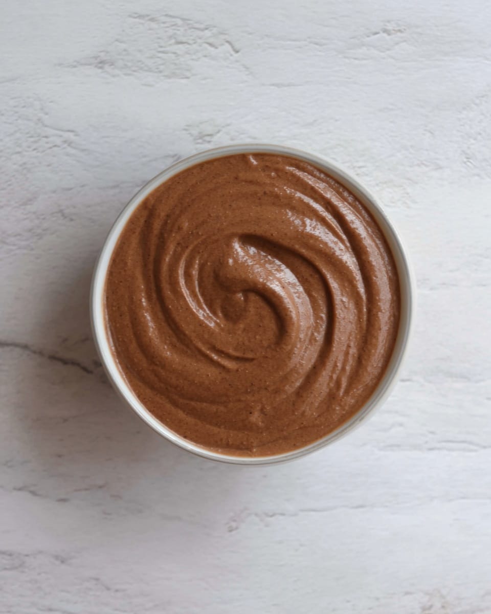 The image shows a close-up view of a small, round white bowl filled with smooth, creamy chocolate mousse. The mousse has a rich brown color with a glossy, almost shiny surface and gentle swirls inside the bowl. The bowl is placed on a white marbled texture background. Photo taken with an iphone --ar 4:5 --v 7