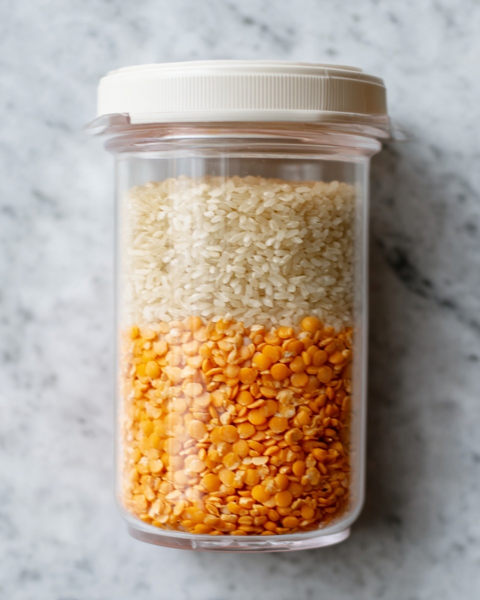 The image shows a clear plastic jar with a white lid, filled with two distinct layers of food. The bottom layer is made up of small, round, orange lentils tightly packed. The top layer consists of uncooked rice grains, pale off-white in color, filling the rest of the jar above the lentils. The jar is placed on a white marbled surface. The photo taken with an iphone --ar 4:5 --v 7