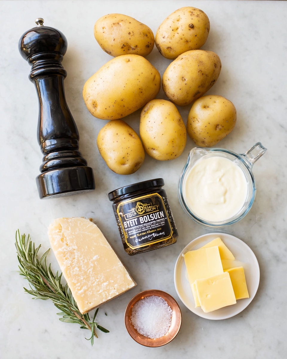 The image shows eight light yellow potatoes arranged in a loose cluster on a white marbled surface. To the left is a tall black pepper grinder standing upright. Below the potatoes is a small dark jar with a black lid labeled