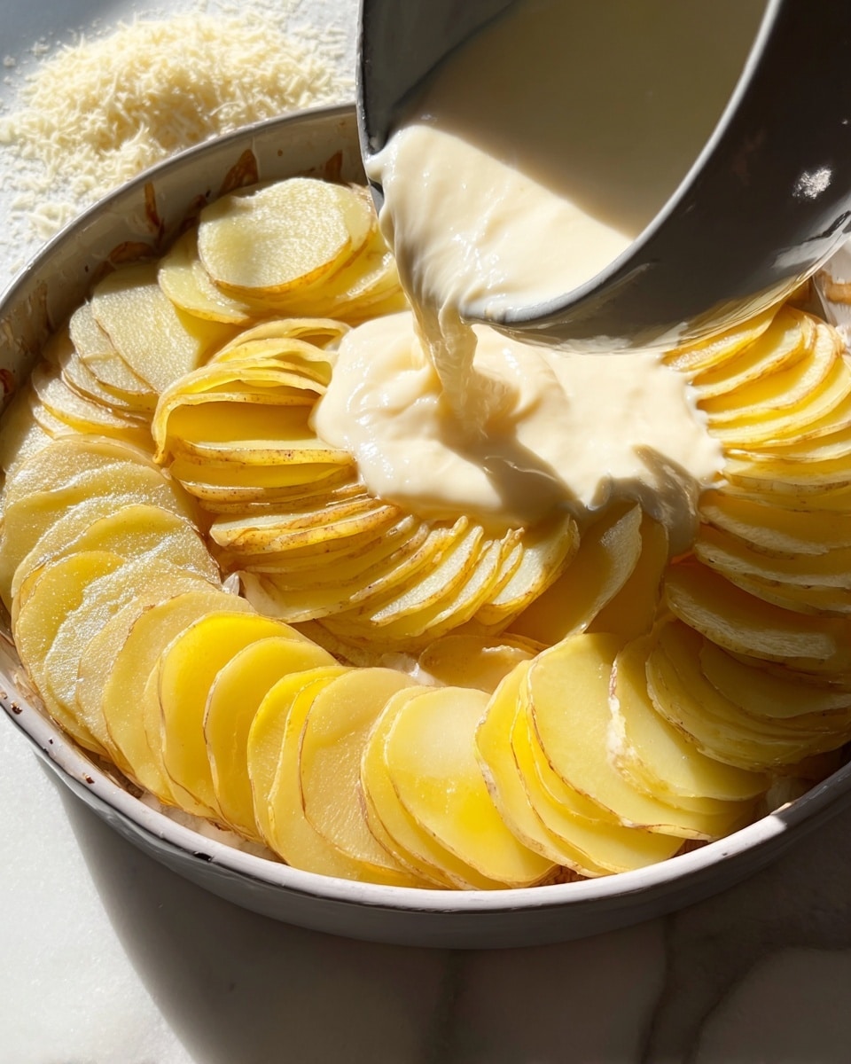 A large round baking dish filled with a neatly arranged layer of thin potato slices, each slice yellow with slight skin edges, overlapping in a circular pattern. A creamy white sauce is being poured from a gray bowl onto the potatoes, covering the middle section and flowing gently down over the slices. The dish sits on a white marbled surface with some grated cheese nearby. Warm sunlight highlights the smooth texture of the sauce and the soft layers of potatoes, creating a cozy and inviting look. Photo taken with an iphone --ar 4:5 --v 7