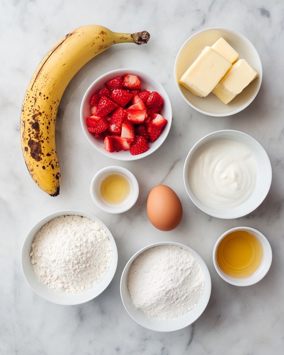 A white marbled surface holds seven white bowls and an egg arranged in a loose circle. One bowl contains small red diced strawberries showing a juicy texture. Another bowl next to it holds smooth white yogurt. A third bowl has two pieces of pale yellow butter with a soft texture. A fourth small bowl contains white powders likely baking ingredients. The fifth bowl is filled with white flour that looks soft and powdery. There is a small bowl with golden liquid, possibly honey or syrup. In the middle of the circle is a single brown egg. On the left side of the arrangement lies a ripe yellow banana with brown spots. The scene is bright and clean. Photo taken with an iphone --ar 4:5 --v 7