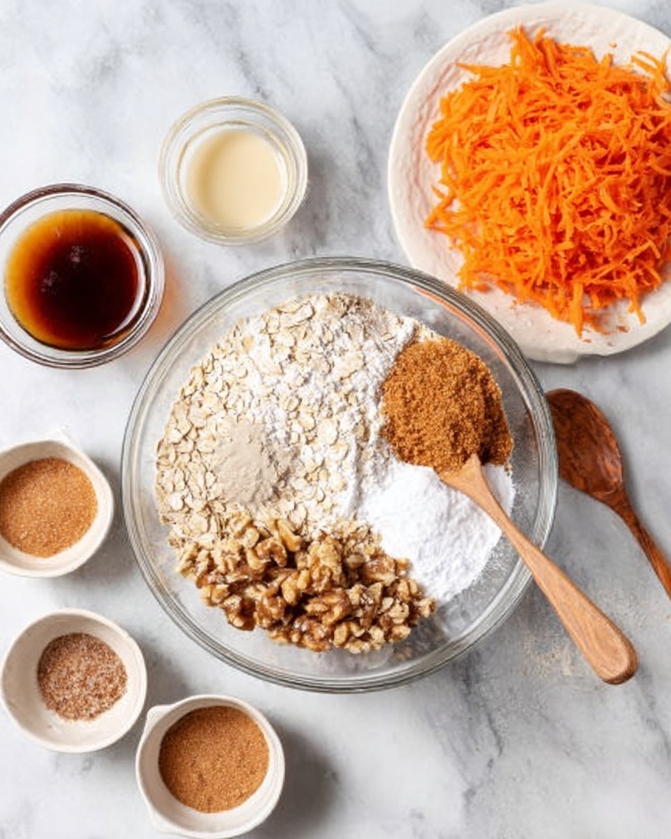 A clear glass bowl on a white marbled surface holds several dry ingredients divided into sections, including rolled oats, oat flour, white flour, baking soda, and cinnamon, all neatly placed inside. Alongside the bowl is a wooden spoon resting inside it. Around the bowl are small white dishes containing brown sugar, chopped nuts, tahini, vanilla extract, and a small glass bowl with a pale liquid. On the top right is a white plate with a pile of bright orange shredded carrots. The scene is well-lit and clean with soft natural light. Photo taken with an iphone --ar 4:5 --v 7