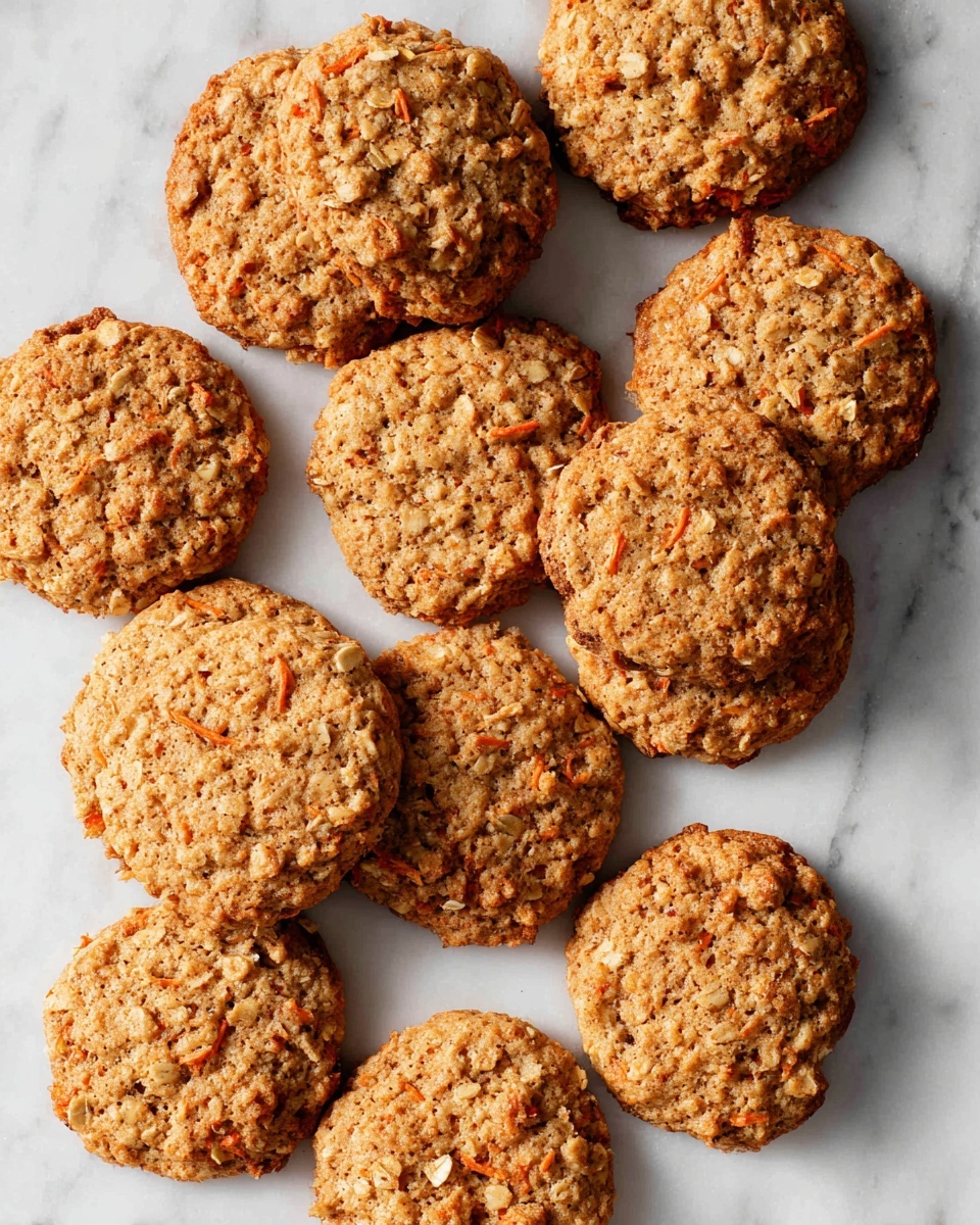 The image shows about thirteen round oatmeal cookies arranged loosely on a white marbled surface. Each cookie is golden brown with a rough texture, featuring visible small oat pieces and darker spots that likely come from nuts or spices, as well as thin orange strands that look like carrot bits. The cookies vary slightly in size and shape, some edges are more rounded while others appear a bit more uneven or cracked, giving them a homemade feel. The lighting highlights the crumbly texture, making the cookies look crisp and hearty photo taken with an iphone --ar 4:5 --v 7