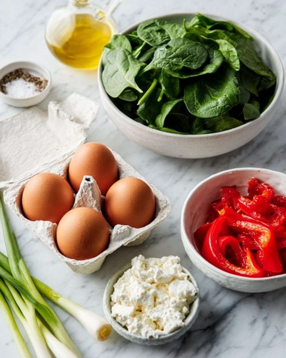 The image shows six brown eggs placed in a white egg carton with one egg outside beside it. In the background, there is a large white bowl filled with fresh dark green spinach leaves. To the right of the eggs, there is a white bowl containing bright red roasted peppers sliced into pieces. Below the eggs, a white bowl holds soft white cottage cheese. Green onions with white bulbs and long green stalks lay on the white marbled surface near the bowls. A small white dish with salt and black pepper and a clear glass container of golden olive oil are also visible. photo taken with an iphone --ar 4:5 --v 7