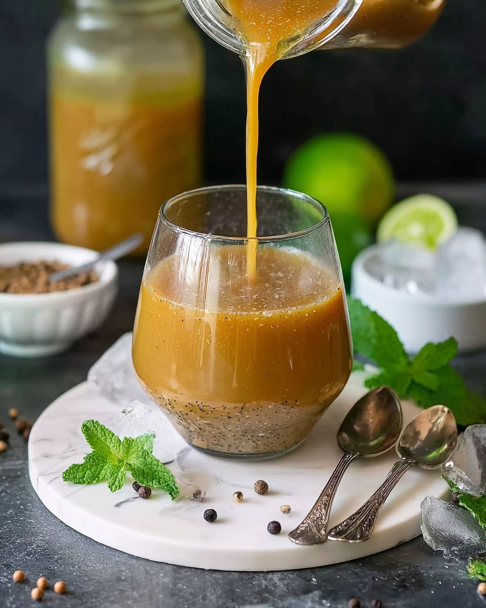 A rounded clear glass is filled with a thick light brown drink with tiny dark specks inside. The drink is being poured into the glass from a jar above it by a woman's hand. The glass sits on a white round board alongside two vintage silver spoons, a few fresh green mint leaves, and scattered whole black peppercorns and brown seeds. In the background, there is a larger jar with the same drink, a small white bowl with more brown seeds, a bright green lime, and some ice cubes with mint leaves on a dark surface with a white marbled texture photo taken with an iphone --ar 4:5 --v 7