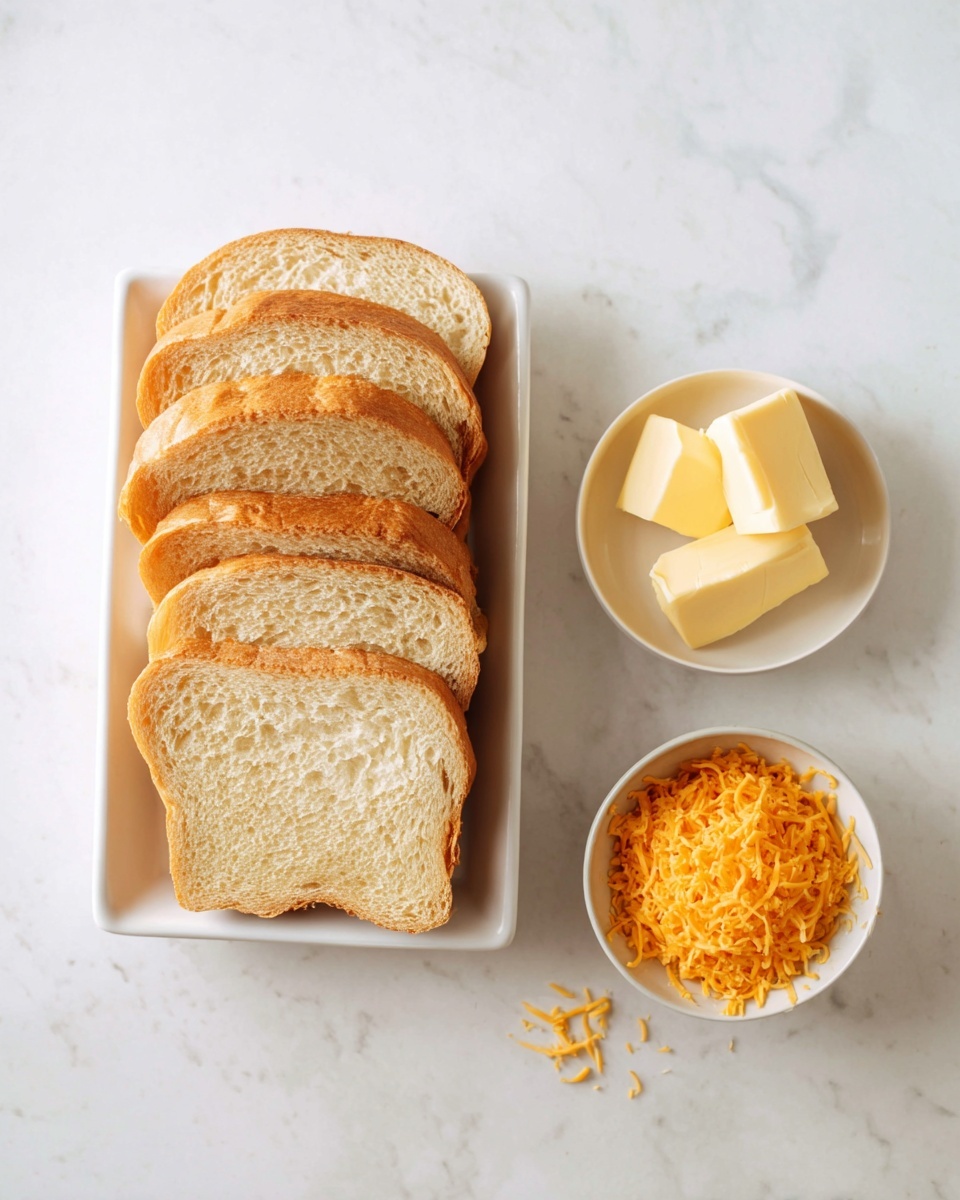The image shows eight slices of light golden brown bread stacked slightly overlapping in a white rectangular dish on the left side. To the right, there are two small round bowls; the top bowl is filled with bright orange shredded cheese, and the bottom bowl contains three small blocks of pale yellow butter. All items are placed on a white marbled surface, with soft natural light highlighting the textures. photo taken with an iphone --ar 4:5 --v 7