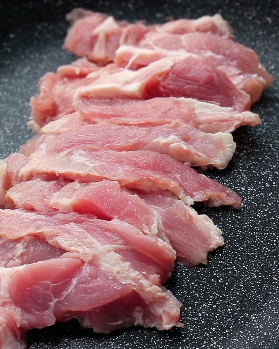 Raw pink meat slices are placed in a single row on a black speckled pan. The meat is light pink with some white fat pieces mixed in. The texture looks soft and moist, and the slices vary slightly in size and thickness. The meat covers most of the pan’s surface, but the pan's texture remains visible on the edges. Photo taken with an iphone --ar 4:5 --v 7