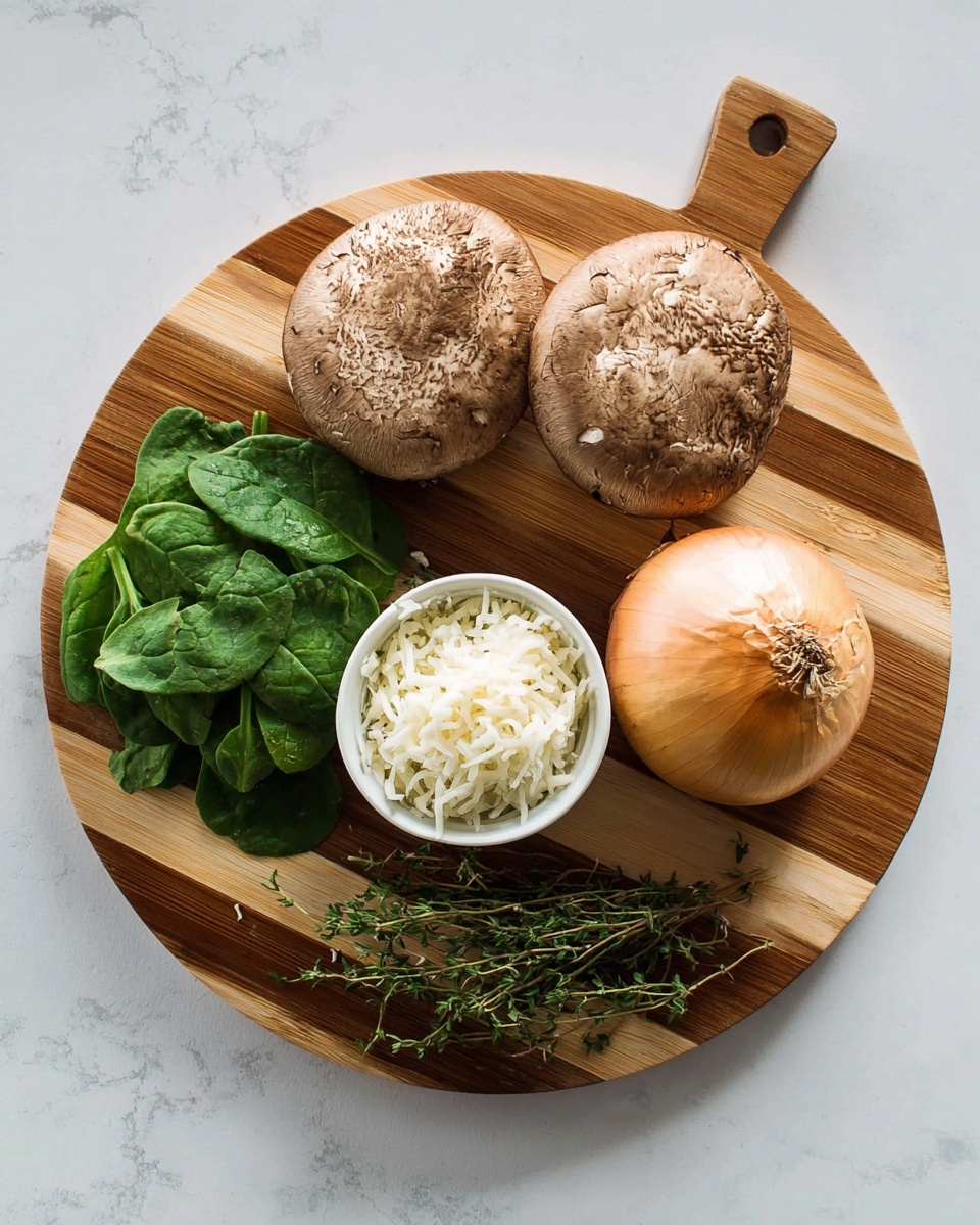 A round wooden cutting board with light and dark wood stripes holds several fresh ingredients arranged neatly on a white marbled surface. At the top are two large brown mushrooms with textured caps. On the left side, there is a small pile of fresh vibrant green spinach leaves with smooth surfaces. In the center, a small white bowl is filled with shredded white cheese. To the right of the bowl, a whole golden-brown onion with a dry top sits on the board. At the bottom, a small bunch of fresh green thyme sprigs lays flat. Photo taken with an iphone --ar 4:5 --v 7