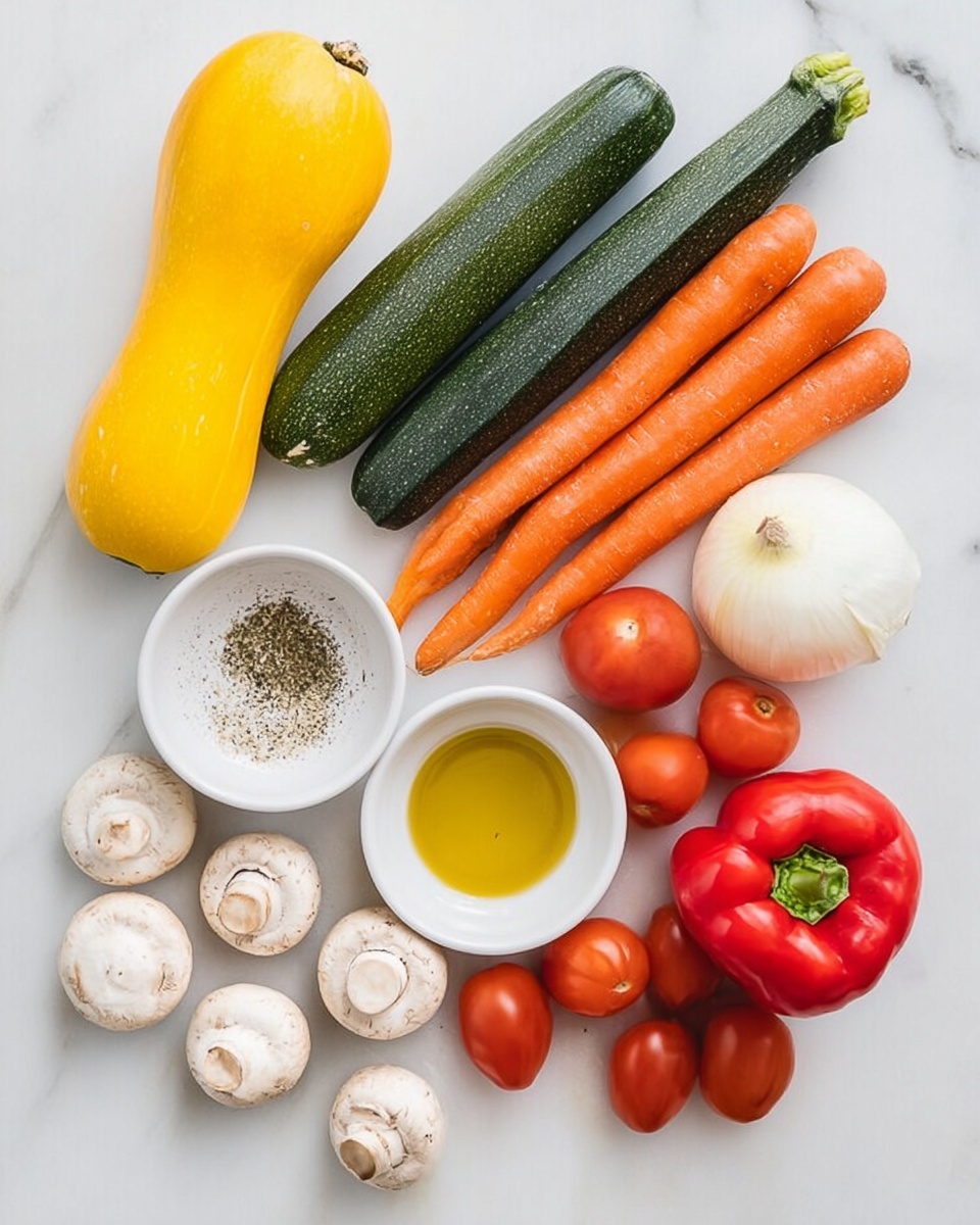 The image shows fresh vegetables and seasonings neatly arranged on a white marbled surface. From top left to bottom right, there is a yellow squash, a green zucchini, two long orange carrots, a white bowl with dry herbs, a white bowl with golden olive oil, a whole garlic bulb, a red bell pepper, half a white onion, four red Roma tomatoes, and seven white mushrooms with light brown spots. All ingredients are spread out evenly with good space between them, showcasing their natural colors and textures. Photo taken with an iphone --ar 4:5 --v 7