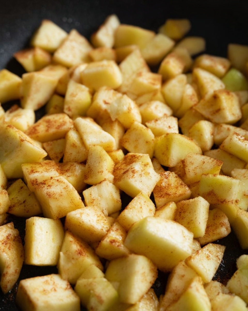 A close-up view of a black pan filled with many pieces of peeled apple slices, all cut into small, uneven chunks. The apple pieces are light yellow with a soft texture and are lightly coated with a brown spice, likely cinnamon, giving them a warm tone. The pan surface is smooth and dark, making the apple slices stand out clearly. photo taken with an iphone --ar 4:5 --v 7