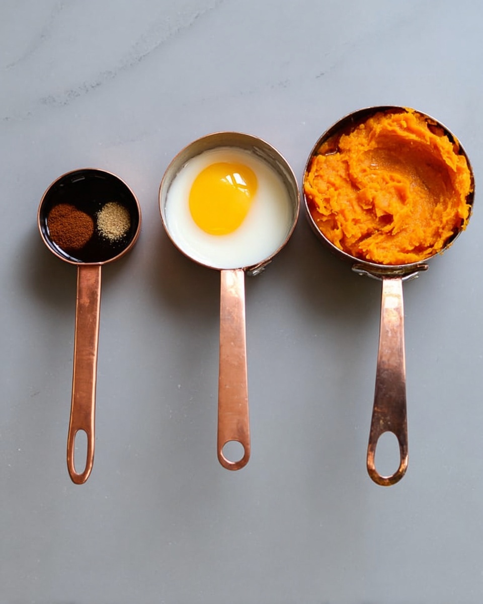 Four copper measuring cups are lined up on a white marbled surface from left to right. The first small cup holds a dark brown liquid. The second cup contains a mix of brown spices. The third cup is filled with bright orange mashed sweet potato, with a textured uneven surface. The fourth and largest cup shows a raw egg with a bright yellow yolk and clear white around it. Photo taken with an iphone --ar 4:5 --v 7