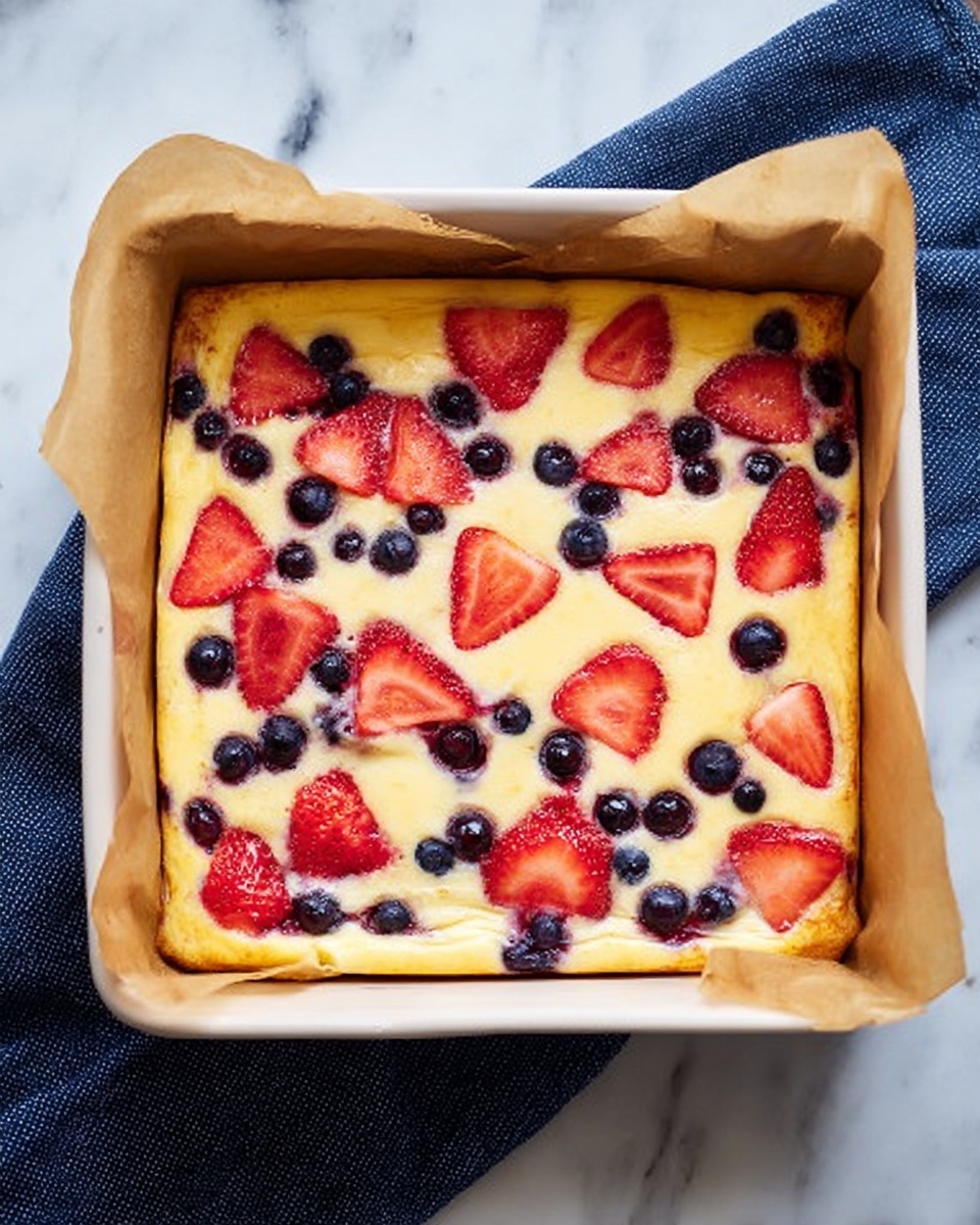A square white baking dish lined with brown parchment paper holds a baked dessert with a creamy yellow layer as the base, dotted with vibrant red strawberry slices and dark blue blueberries evenly spread on top. The edges of the dessert are slightly browned, creating a contrast with the soft, smooth surface inside the dish. The dish is placed on a white marbled surface, with a dark blue cloth partially visible underneath. Photo taken with an iphone --ar 4:5 --v 7