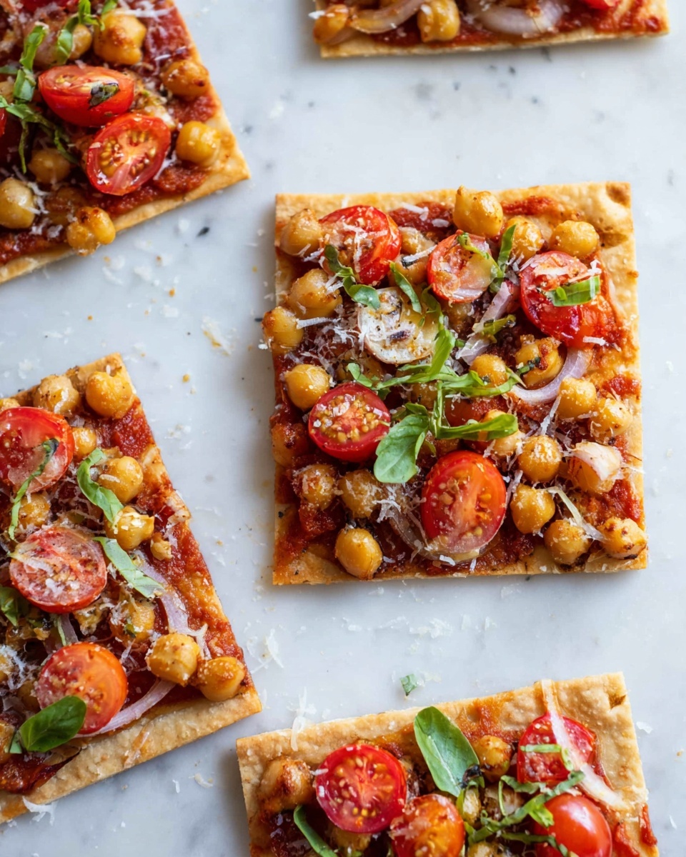 The image shows several square pieces of flatbread topped with layers starting with a thin, light brown crust. On top is a red tomato sauce, followed by scattered golden chickpeas, bright red tomato slices, thin slices of light pink shallots, and small green basil leaves. The toppings are sprinkled with grated cheese, giving a light white texture over the top. The flatbread pieces are arranged on a white marbled surface, with even spacing between them. The lighting highlights the glossy shine on the tomatoes and chickpeas, creating a fresh and inviting look. Photo taken with an iphone --ar 4:5 --v 7