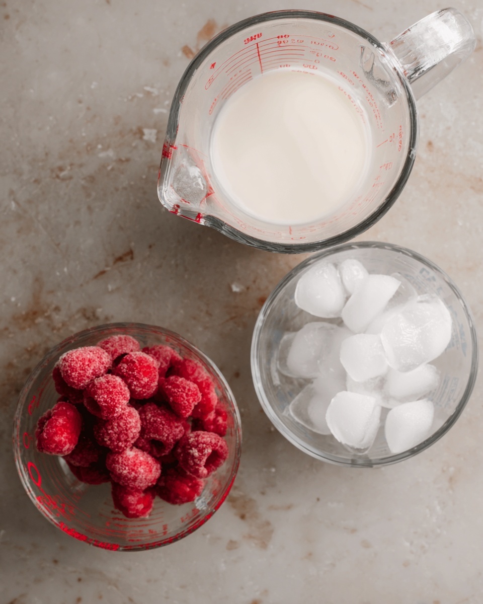The image shows three clear glass measuring cups placed on a white marbled surface. The top measuring cup contains milk and is positioned at the top of the image. The left measuring cup is filled with red frozen raspberries, showing a rough, frosty texture. The right measuring cup holds white ice cubes that are slightly melting, with some water droplets visible. The scene is bright and looks clean, with the ingredients ready for use. photo taken with an iphone --ar 4:5 --v 7