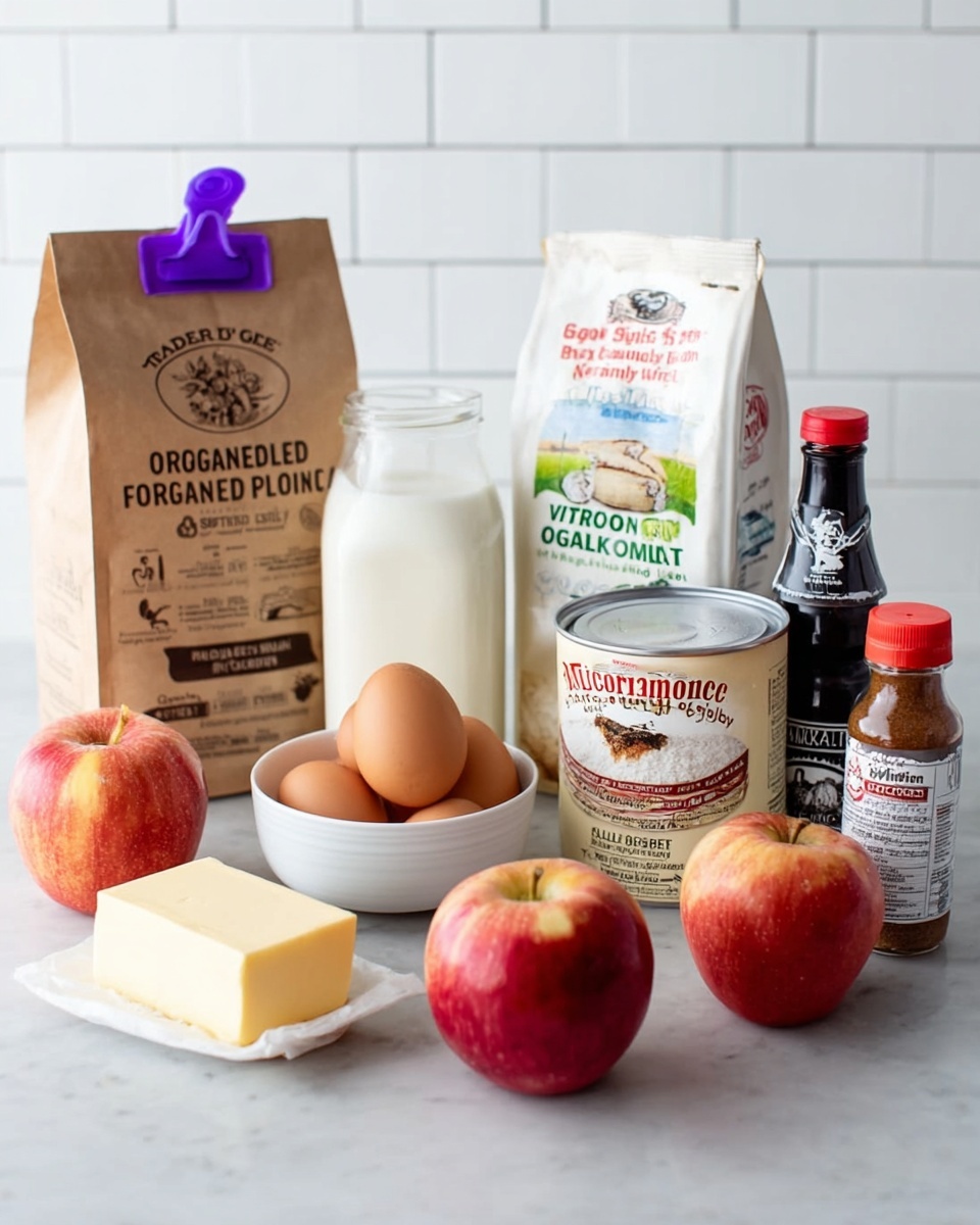 The image shows a white marbled surface with a collection of baking ingredients arranged neatly in a row. From left to right, there is a brown kraft paper bag of Trader Joe's Organic Unbleached All-Purpose Flour with a purple clip on top, two red apples, a rectangular stick of butter placed flat, a white bowl holding two brown eggs, a large white carton of Wegmans Organic Vitamin D Whole Milk, a white container of Stonyfield Organic Probiotic Plain Whole Milk Yogurt, a beige can of Trader Joe's Baking Powder with a picture of a cake, a small bottle of McCormick Pure Vanilla Extract with a dark brown liquid inside, and a small bottle of McCormick Ground Cinnamon with a red lid. The background consists of white subway tiles. Photo taken with an iphone --ar 4:5 --v 7