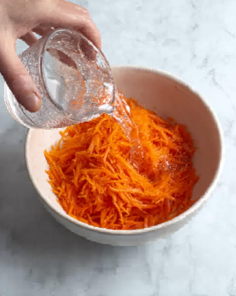A white bowl filled with shredded orange carrots, placed on a white marbled surface. Water is being poured into the bowl from a clear container held by a woman's hand on the right side of the image. The carrots fill the bowl about halfway, and the water is covering part of them, creating a mix of solid carrot texture and clear liquid. The overall scene is bright and clean with a simple, fresh look. Photo taken with an iphone --ar 4:5 --v 7