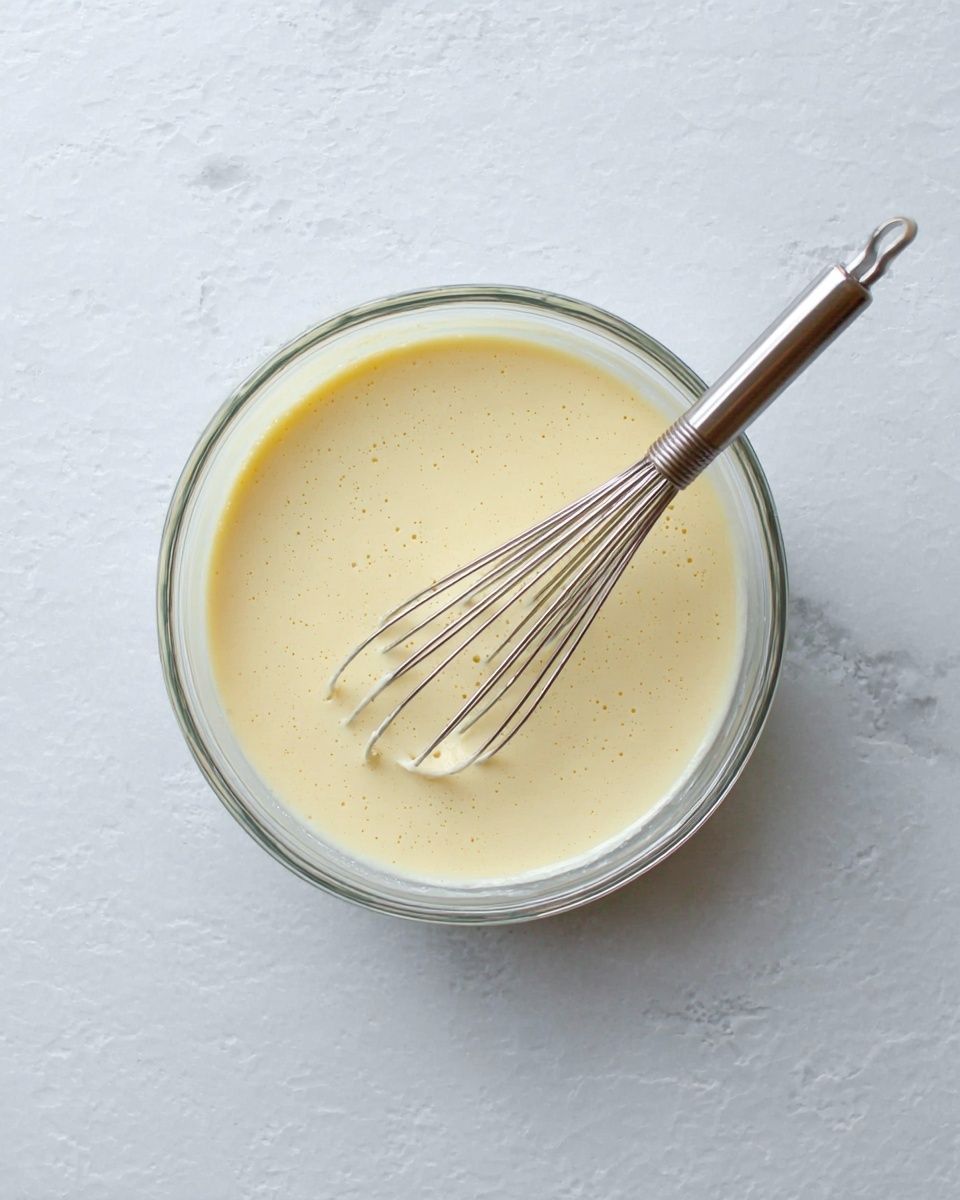 A clear glass bowl sits on a white marbled texture surface, filled with a smooth, pale yellow batter that has small bubbles on its surface. Inside the bowl is a shiny metal whisk with a looped handle, partially dipped in the batter and resting slightly tilted to the right. The batter layer is even, showing a soft and creamy texture. The scene is simple and clean with natural lighting. photo taken with an iphone --ar 4:5 --v 7