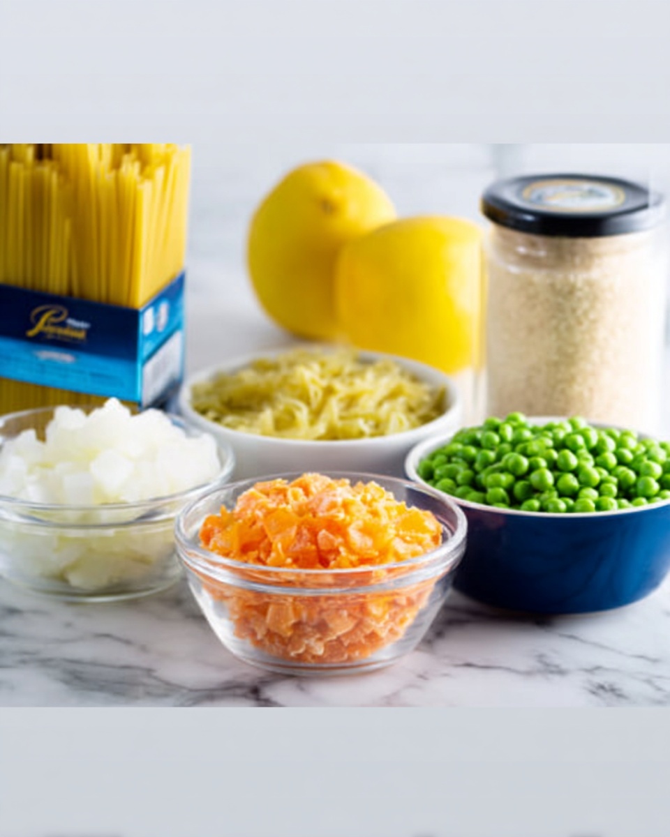The image shows several clear glass bowls arranged side by side on a white marbled surface. The first bowl on the left holds soft white chunks, followed by a bowl with finely chopped orange pieces, likely carrots. Next to it, a white bowl contains bright green peas. Behind these bowls, a tall blue box with yellow pasta and a large lemon with smooth, bright yellow skin are placed, along with a jar filled with fine, pale powder. The background is clean and bright, emphasizing the fresh ingredients. Photo taken with an iphone --ar 4:5 --v 7