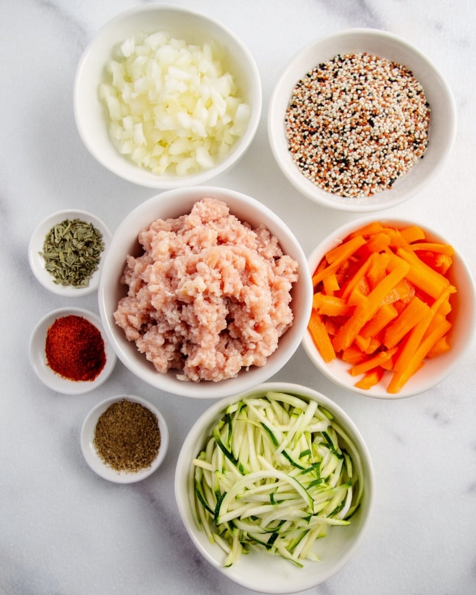 The image shows five small white bowls arranged on a white marbled surface. In the center is a bowl with light pink ground meat with a soft texture. To the top left is a bowl filled with finely chopped white onions and pale yellow minced garlic. Above the center is a bowl with a mix of white, red, and black grains of cooked quinoa. To the right is a bowl with sliced bright orange carrots, cut into thin, long pieces. Below and to the right is a bowl filled with shredded pale green and dark green zucchini, with a moist texture. The bottom left bowl contains three types of ground spices in separate sections: red paprika, green oregano, and brown pepper. Photo taken with an iphone --ar 4:5 --v 7