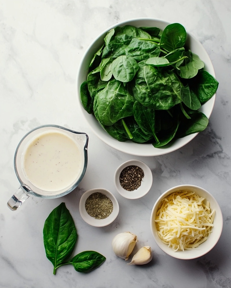 A white bowl filled with fresh, dark green spinach leaves sits on a white marbled surface. Next to it is a clear measuring cup filled halfway with a creamy white liquid. Below the measuring cup, a small white bowl holds four kinds of dry spices and salt, arranged in small piles: black pepper, salt, dried herbs, and a light brown powder. To the right, another small white bowl contains shredded pale yellow cheese. Two whole garlic cloves lay between the bowls and a single fresh green basil leaf rests on the surface nearby. photo taken with an iphone --ar 4:5 --v 7