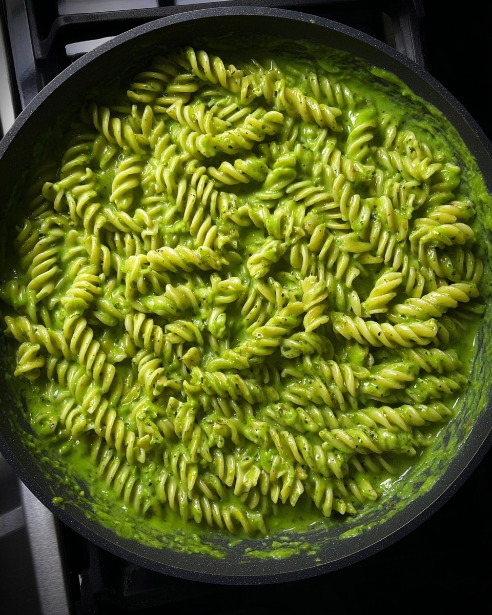 The image shows a black pan filled with cooked fusilli pasta covered in a thick, bright green creamy sauce. The pasta spirals sit evenly throughout the pan, with the sauce filling the spaces between, making the overall texture smooth and velvety. The green sauce looks rich and dense, with tiny visible black specks scattered throughout. The pan is placed on a black cooking stove. photo taken with an iphone --ar 4:5 --v 7
