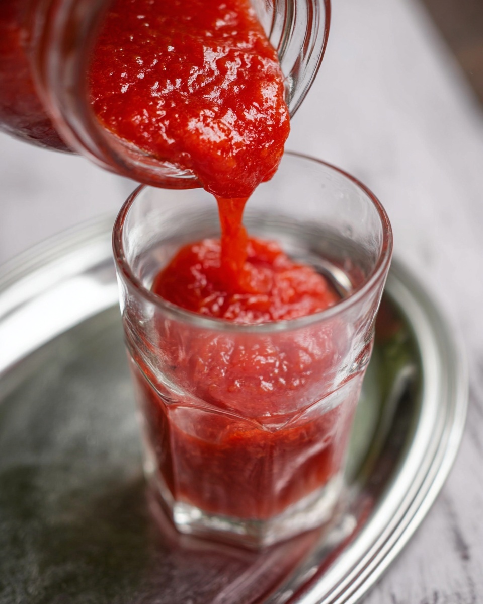 The image shows a close-up of a thick, bright red sauce being poured from a glass jar into a clear glass. The sauce has a chunky, glossy texture with visible bits, and it fills the bottom part of the glass with an uneven surface. The glass sits on a silver tray, which is placed on a white marbled surface. The colors are mostly red from the sauce and clear from the glass, with a soft focus on the background, and the lighting highlights the shiny texture of the sauce. Photo taken with an iphone --ar 4:5 --v 7