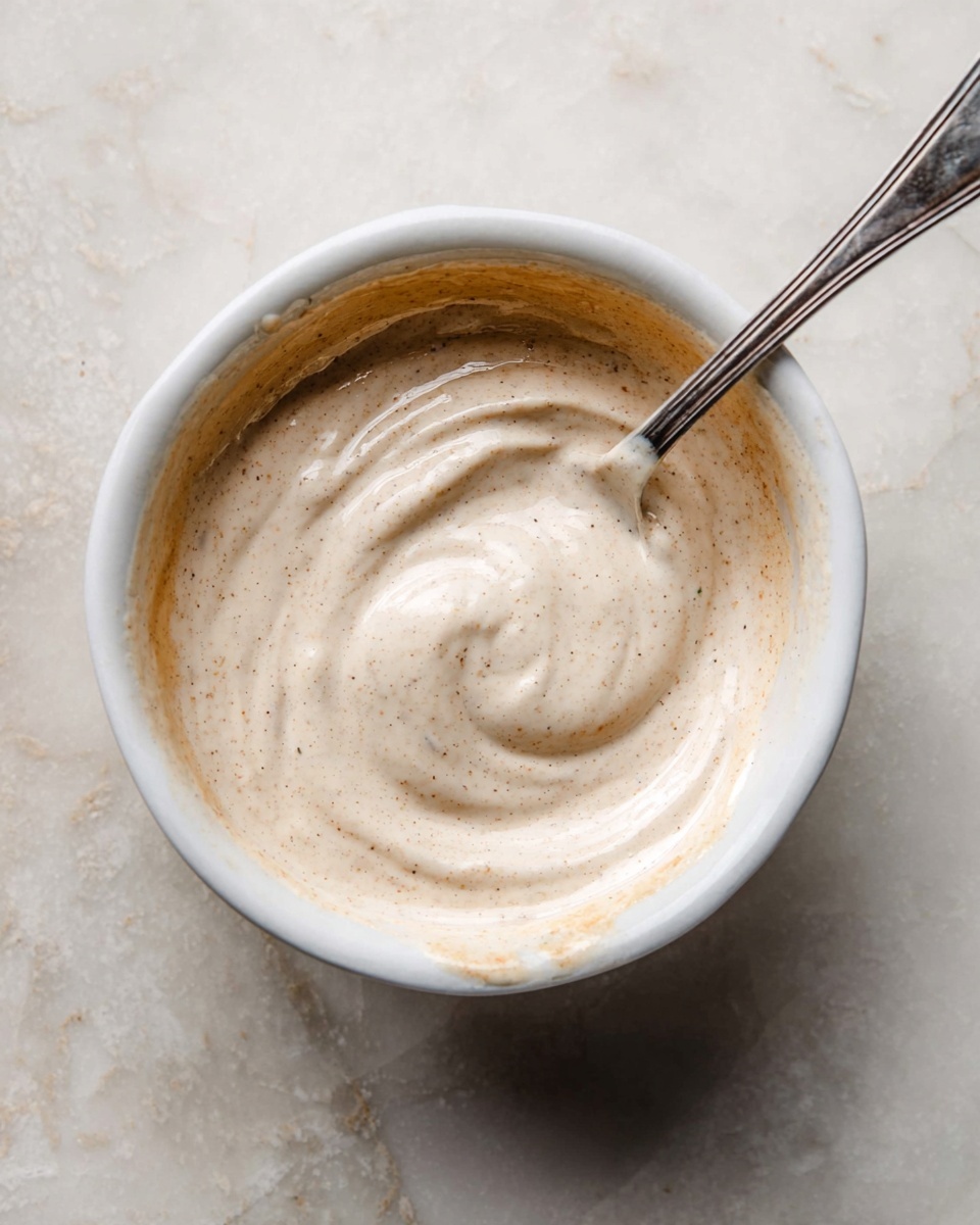 A small white bowl filled with smooth, creamy, light beige sauce that has tiny darker specks mixed throughout. The sauce has soft swirls on the top, made by a metal spoon which is partially inside the bowl. The bowl sits on a white marbled surface with a few small splashes of sauce on the bowl’s edge. photo taken with an iphone --ar 4:5 --v 7