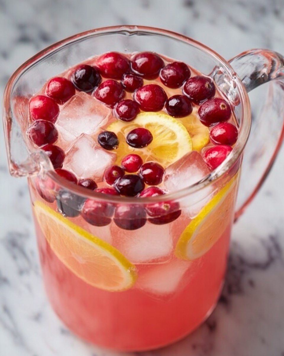 A clear glass pitcher filled with a pink liquid, containing several ice cubes floating near the surface. The top layer is decorated with many shiny red cranberries and a few dark berries, along with thin yellow lemon slices arranged and partially submerged in the drink. The pitcher is set on a white marbled surface, and the colors of the fruit and drink are vibrant and fresh. photo taken with an iphone --ar 4:5 --v 7