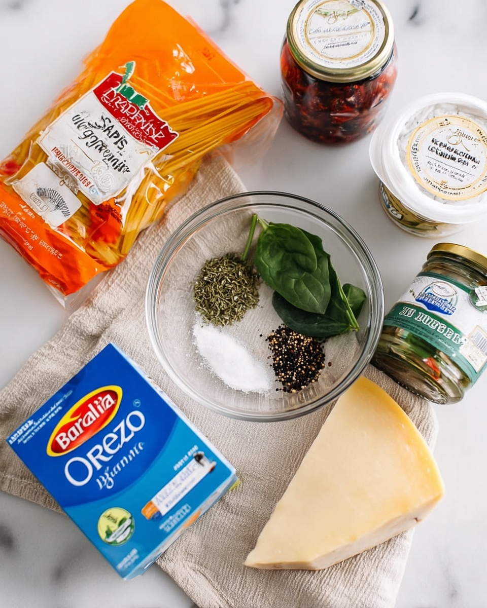 The image shows several cooking ingredients arranged on a white marbled surface with a light beige cloth underneath part of them. There is a clear small glass bowl in the center containing five different spices and herbs neatly separated, including white granules, dried green leaves, and black seeds. Behind the bowl is a bright orange package of baby spinach. To the right, there is a white round container of chive and onion cream cheese spread and a small jar with dark red sun-dried tomatoes. Below the bowl is a blue box of Barilla Orzo pasta, and in front of that is a triangular wedge of pale yellow aged Pecorino Romano cheese with a label. Next to the box is a jar of vegetable bouillon with a green lid. All items are on a clean white marbled surface photo taken with an iphone --ar 4:5 --v 7