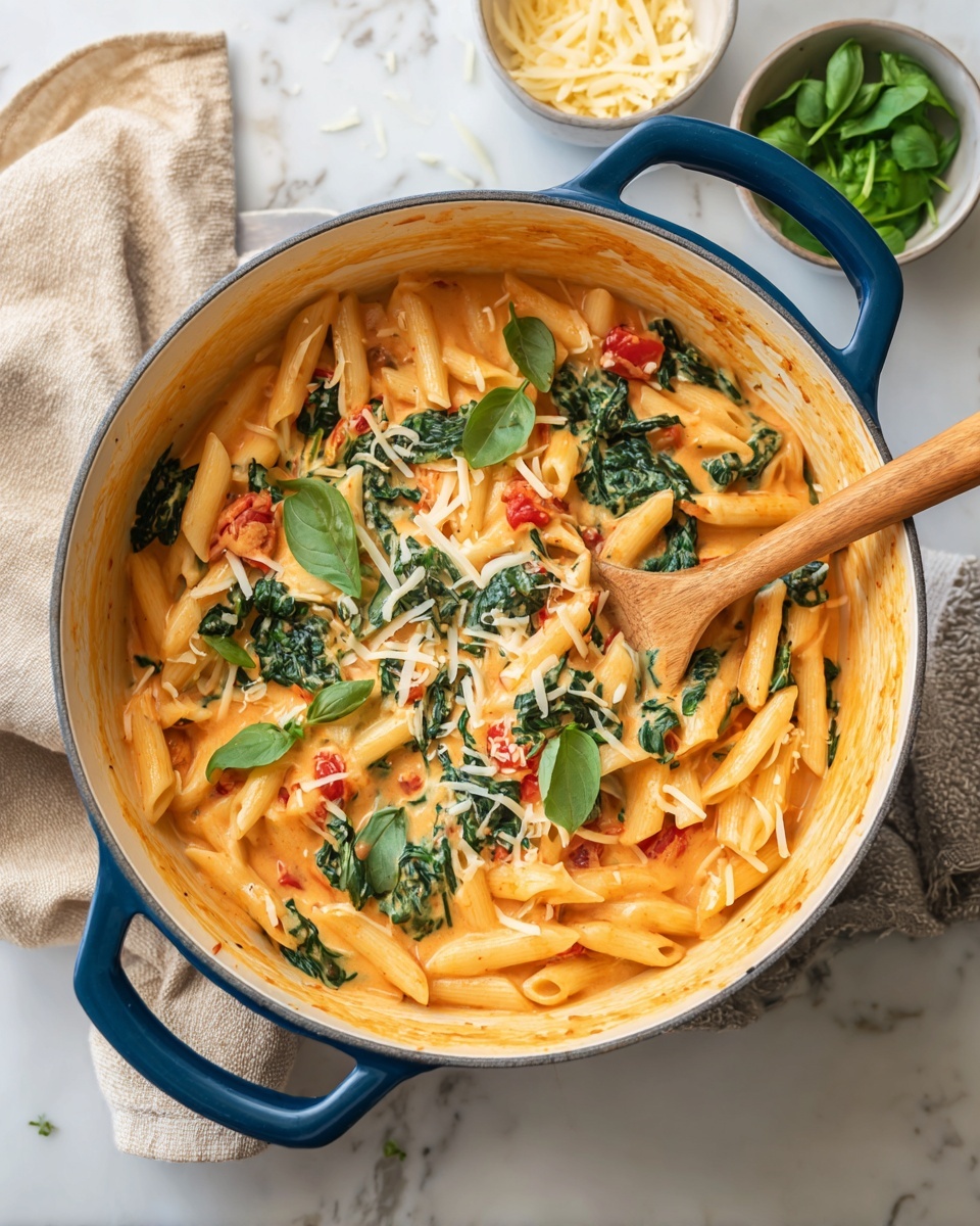 A blue oval pot filled with a creamy pasta dish that has three main layers: the bottom layer is a creamy orange sauce mixed with small pasta pieces, the middle layer includes wilted green spinach leaves and bits of red tomatoes scattered throughout, and the top layer has large green basil leaves and thin, light yellow cheese shavings. The inside of the pot shows some sauce splatters on the white interior walls. There is a wooden spoon resting on the right side of the pot partially in the food. The pot is on a white marbled surface with a beige cloth and two small white bowls on the side, one filled with shredded cheese and the other with additional green basil leaves. Photo taken with an iphone --ar 4:5 --v 7