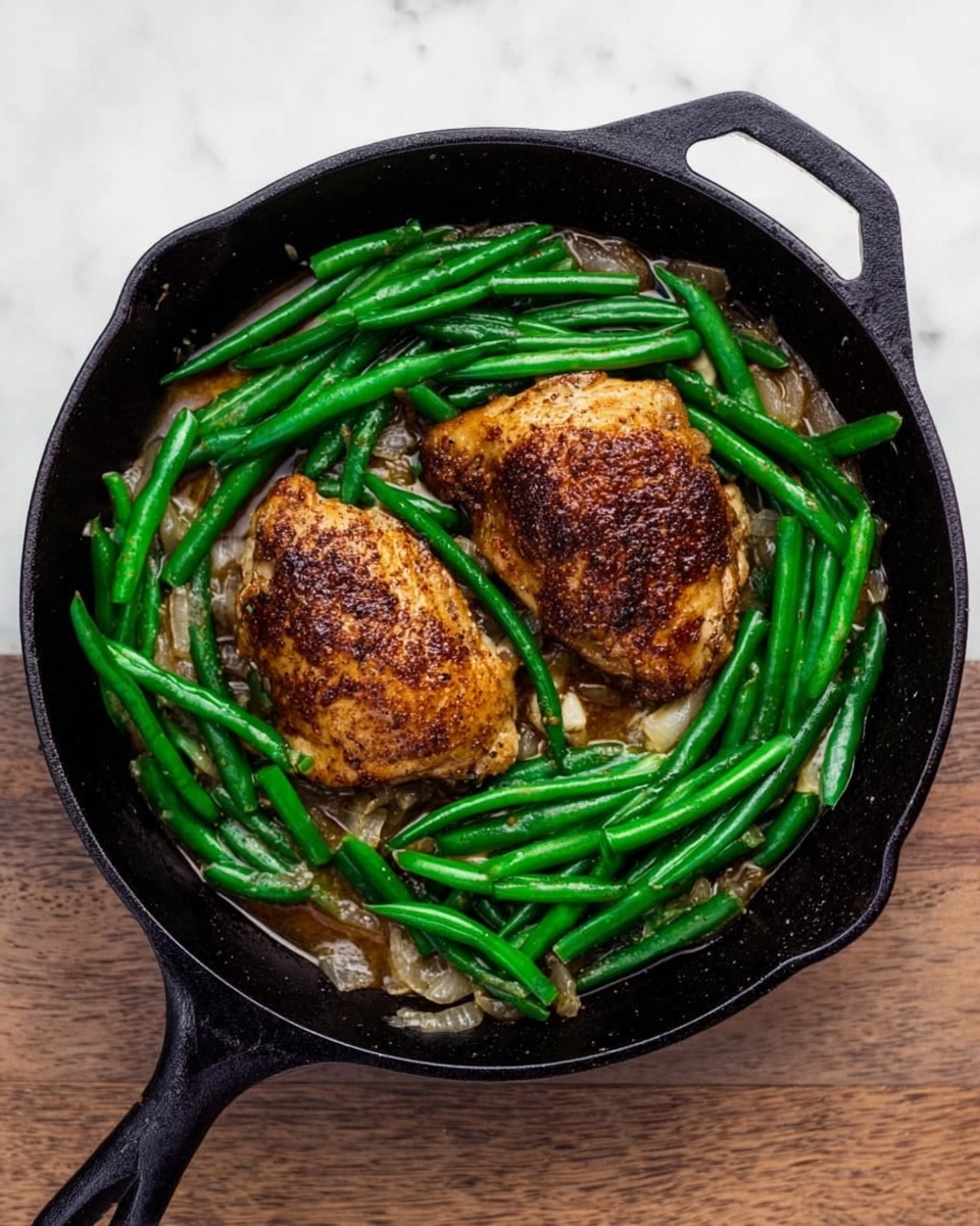 The image shows a black pan filled with two browned cooked pieces of meat sitting on top of creamy light brown sauce with chopped onions mixed in. Around the meat, there are bright green green beans placed both under and above the sauce. Three lemon wedges with a bright yellow peel and pale yellow inside rest on top of the sauce near the meat and green beans. The pan is on a white marbled surface with a dark brown towel featuring white stripes beside it. The photo taken with an iphone --ar 4:5 --v 7