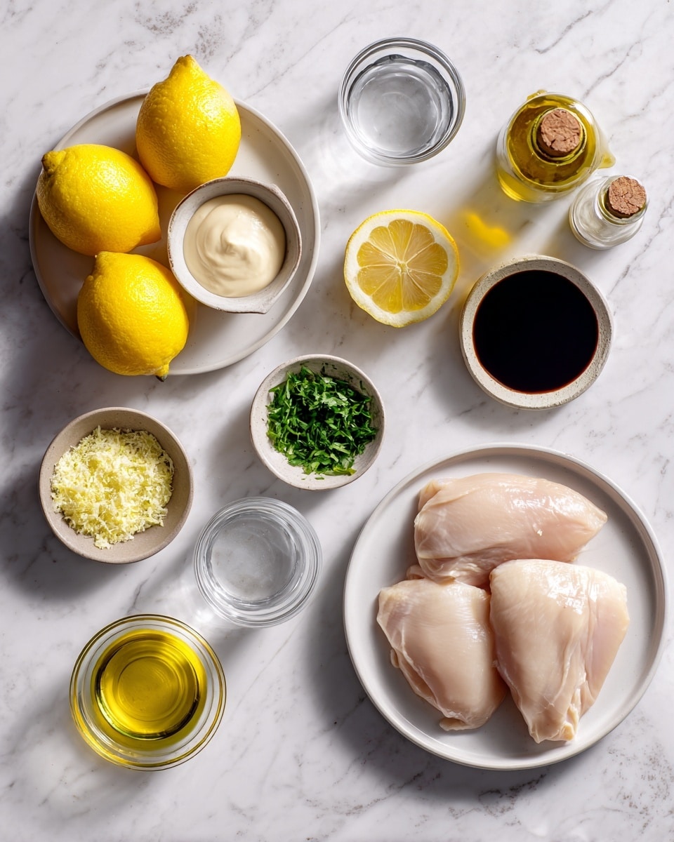 Top-down professional food photography, flat lay style, bright white marble countertop, neatly arranged, evenly spaced, tidy, clean organized layout, include: two lemons whole and halved on a small plate, small bowl of creamy tahini, small glass cup of light soy sauce, small bowl of minced garlic, small glass cup of water, four prepared chicken pieces on a white plate, small bottle of extra-virgin olive oil, small bowl of finely chopped parsley, small dish with finely grated lemon zest, bright soft natural lighting, sharp focus, high detail textures, realistic reflections, professional DSLR look, 4K, no finished dish, no cooked food, no hands, no text, no watermark, no brand logos --ar 4:5 --v 7