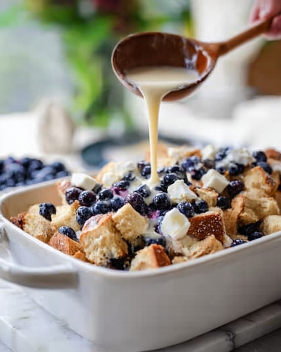 A white baking dish filled with pieces of bread and scattered blueberries on top, covered partially by a creamy, light beige liquid being poured over the layers, showing a mix of soft and solid textures with small white chunks among bread pieces, all set on a white marbled surface with blurred greenery in the background, a woman's hand holding a wooden spoon stirring the mixture photo taken with an iphone --ar 4:5 --v 7