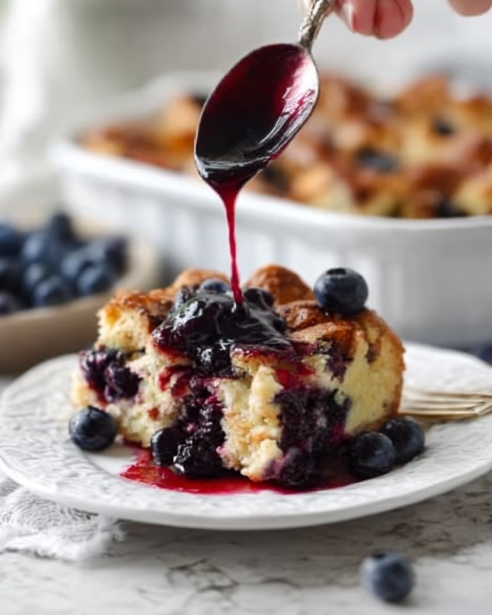 A white plate with a piece of golden-brown bread pudding topped with blueberries and a drizzle of dark red berry sauce being poured from a spoon held by a woman's hand. The bread pudding has a soft, textured top with visible pieces of bread and scattered blueberries. Behind the plate, a white dish filled with more bread pudding and blueberries sits on a white marbled surface. The scene is bright and clear. photo taken with an iphone --ar 4:5 --v 7