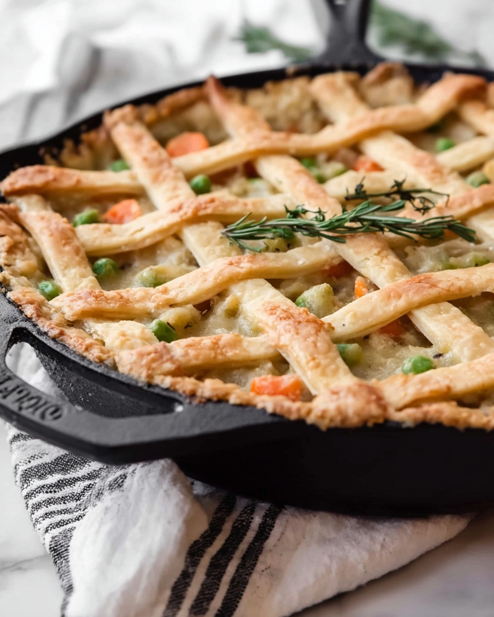 A close-up view of a black cast iron skillet filled with a savory pie that has a lattice crust on top. The crust is light golden brown and arranged in wide strips crossing over each other, revealing a creamy filling of mixed vegetables underneath, including green peas and orange carrots. On top of the crust, there is a small garnish of fresh green rosemary sprigs placed slightly off-center. The skillet sits on a folded cloth with black and white stripes, all set against a white marbled surface with a soft blurry background washed in whites and neutrals. photo taken with an iphone --ar 4:5 --v 7