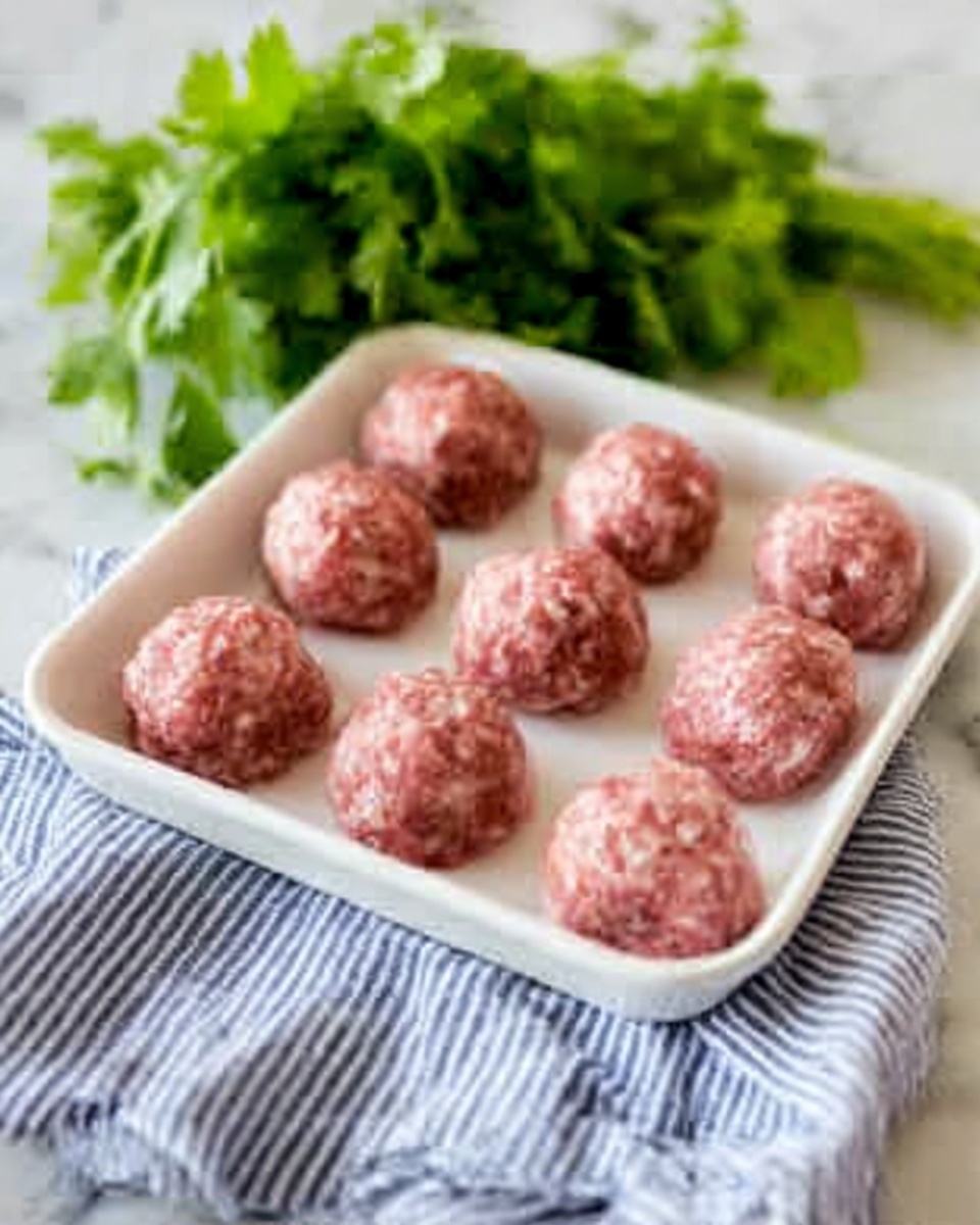 The image shows a white tray with twelve round raw meatballs, evenly spaced in a 3 by 4 grid. The meatballs have a pinkish-red color with small bits of white fat visible in their texture. The tray is placed on a white marbled surface with a blue and white striped cloth partially underneath it. In the background, there is a bunch of fresh green herbs, likely parsley or cilantro, adding a bright contrast to the scene. Photo taken with an iphone --ar 4:5 --v 7