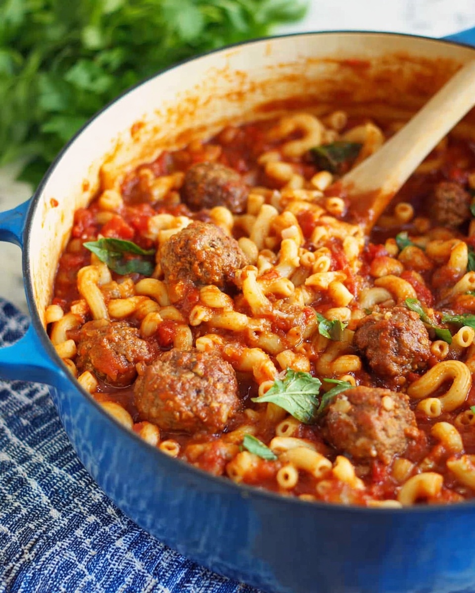 A close-up view of a large blue pot filled with a hearty pasta dish. It has elbow macaroni mixed with a thick red tomato sauce, with visible chunks of cooked tomatoes and herbs. Large brown meatballs are spread throughout the pot, with some fresh green basil leaves mixed in. A wooden spoon is partially submerged, scooping some of the pasta and sauce. The pot is placed on a blue and white striped cloth, and the background shows some green leafy plants with a white marbled surface below. Photo taken with an iphone --ar 4:5 --v 7