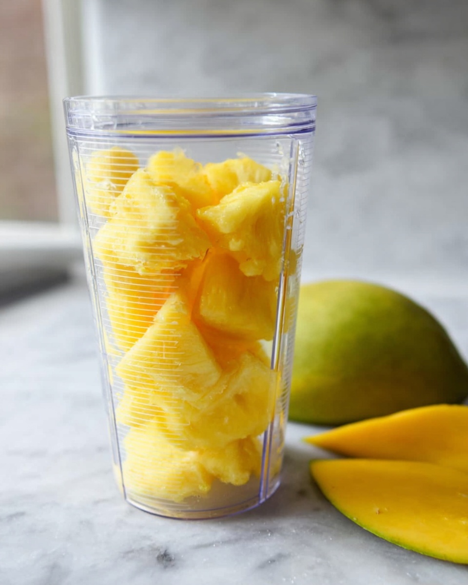 A clear tall blender cup is filled with several layers of peeled bright yellow pineapple chunks, stacked unevenly inside. The texture of the pineapple looks juicy and fibrous, with some pieces showing rough edges from peeling. Behind the cup on the right, two green mango peels lie on a white marbled surface, adding a fresh touch. The background is softly blurred, highlighting the blender cup and fruit. photo taken with an iphone --ar 4:5 --v 7