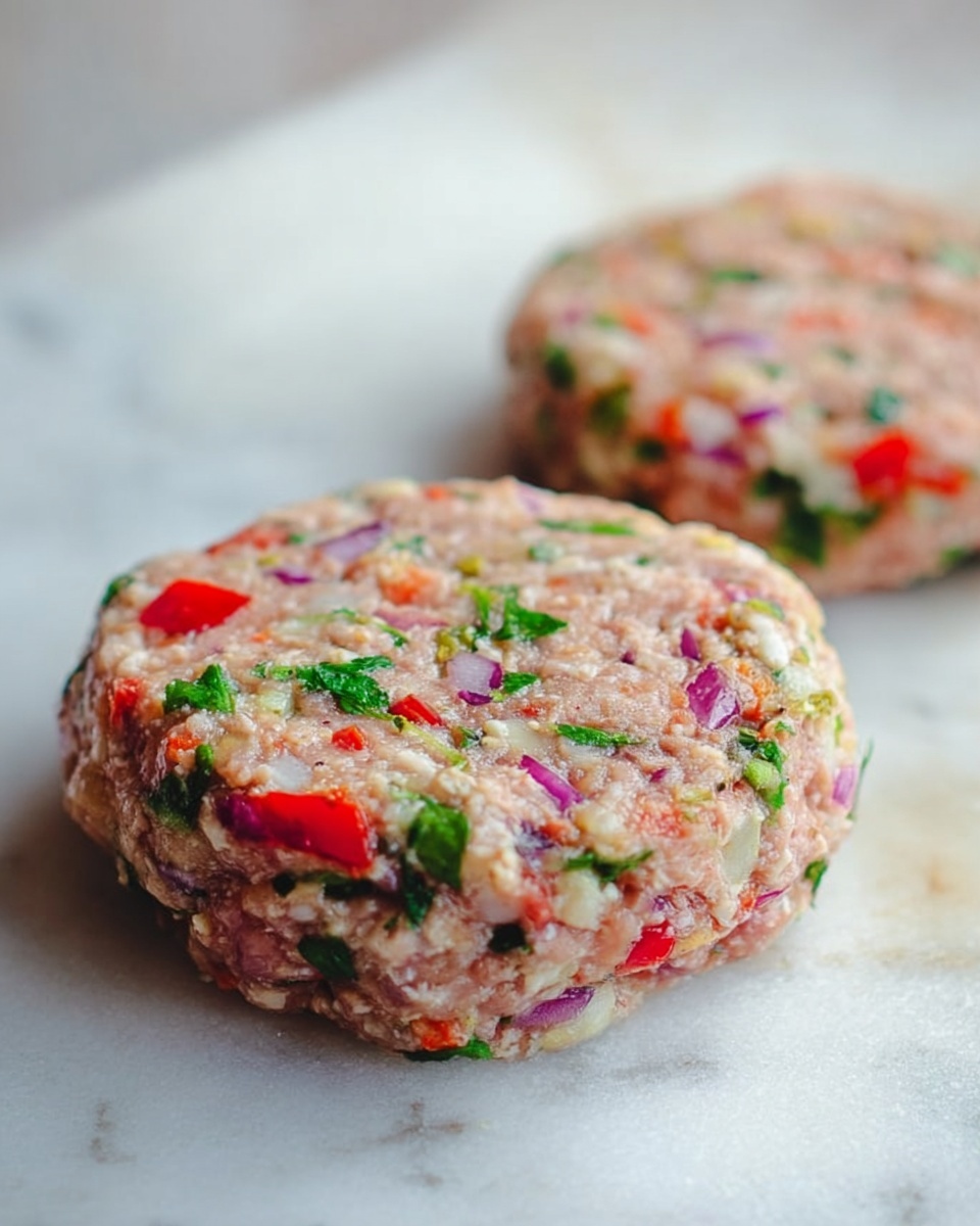 Two uncooked patties rest on a white marbled surface, each layer showing a mix of light pink ground meat blended with colorful pieces of red bell pepper, chopped purple onion, and green herbs evenly spread throughout. The texture looks soft and fresh, slightly rounded at the edges, with a natural, handmade appearance. The background is softly blurred, highlighting the focus on the detailed, mixed ingredients in the patties. photo taken with an iphone --ar 4:5 --v 7