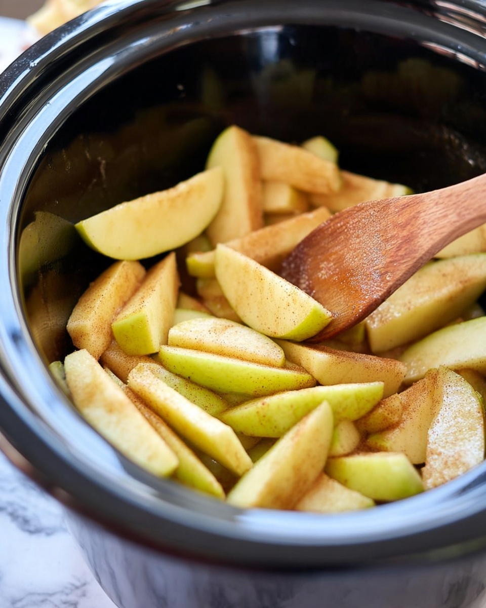 The image shows thick slices of green apple pieces coated with a light layer of cinnamon and sugar in a black slow cooker. The apple slices are mixed inside the cooker with a wooden spoon positioned on the right side, partially lifting some of the apple pieces. The apples have a slightly shiny texture from the coating, giving a warm color tone with soft yellow and brown shades. The background is softly blurred, focusing on the apples inside the cooker, with a white marbled texture surface. Photo taken with an iphone --ar 4:5 --v 7