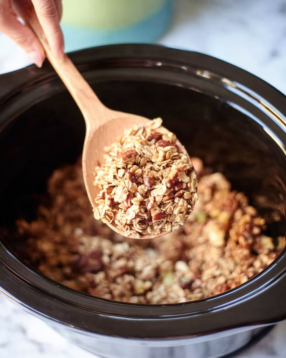 Inside a black slow cooker, there is a mixture of light brown and golden oat clusters with some darker brown nut pieces. A woman’s hand holding a wooden spoon lifts a portion of the mix, showing the chunky, coarse texture of oats and nuts closely packed together. The background is softly out of focus, with hints of green and blue shapes, and the slow cooker sits on a white marbled surface. photo taken with an iphone --ar 4:5 --v 7